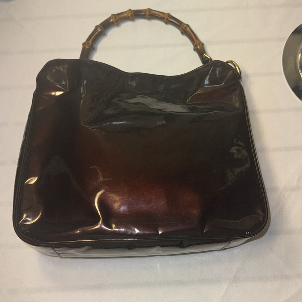 GUCCI Medium Diana Bamboo Handle Chocolate Enamel Leather Women Shoulder Bag GUC - Picture 4 of 15